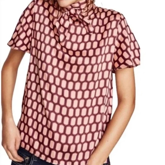 Zara Preppy Geometric Print Silky Business Casual High Neck Bow Tie Blouse Sz.S - Picture 5 of 10